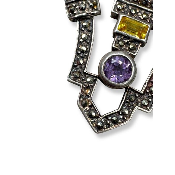 Art Deco Sterling Silver Brooch Pink Sapphire Citrine Amethyst Marcasite - Picture 10 of 11